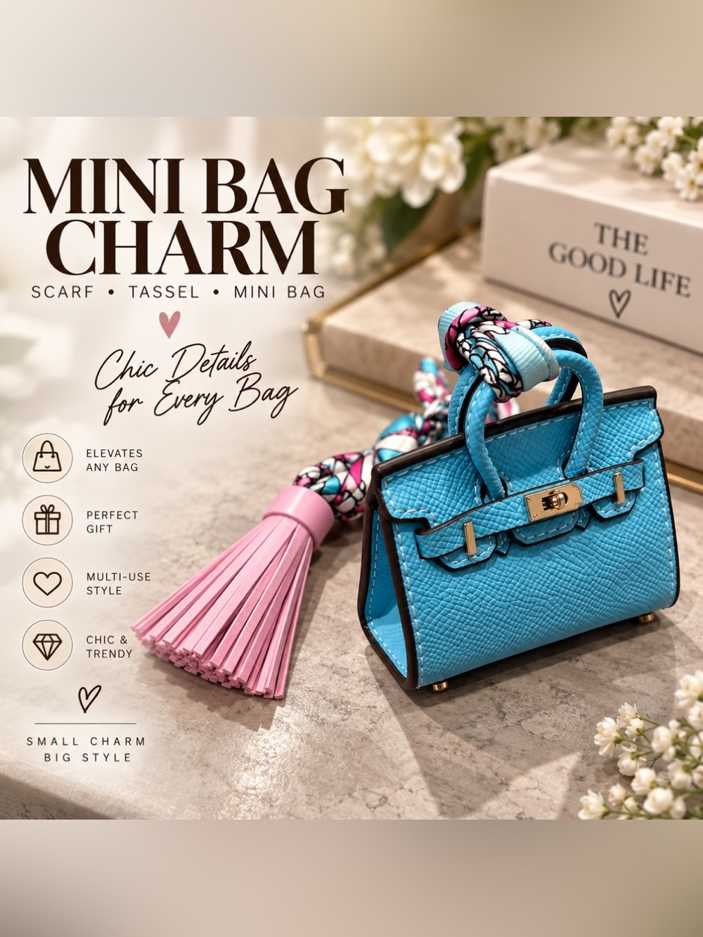 Mini Top Handle Handbag Charm Keychain with Scarf & Tassel – Blue